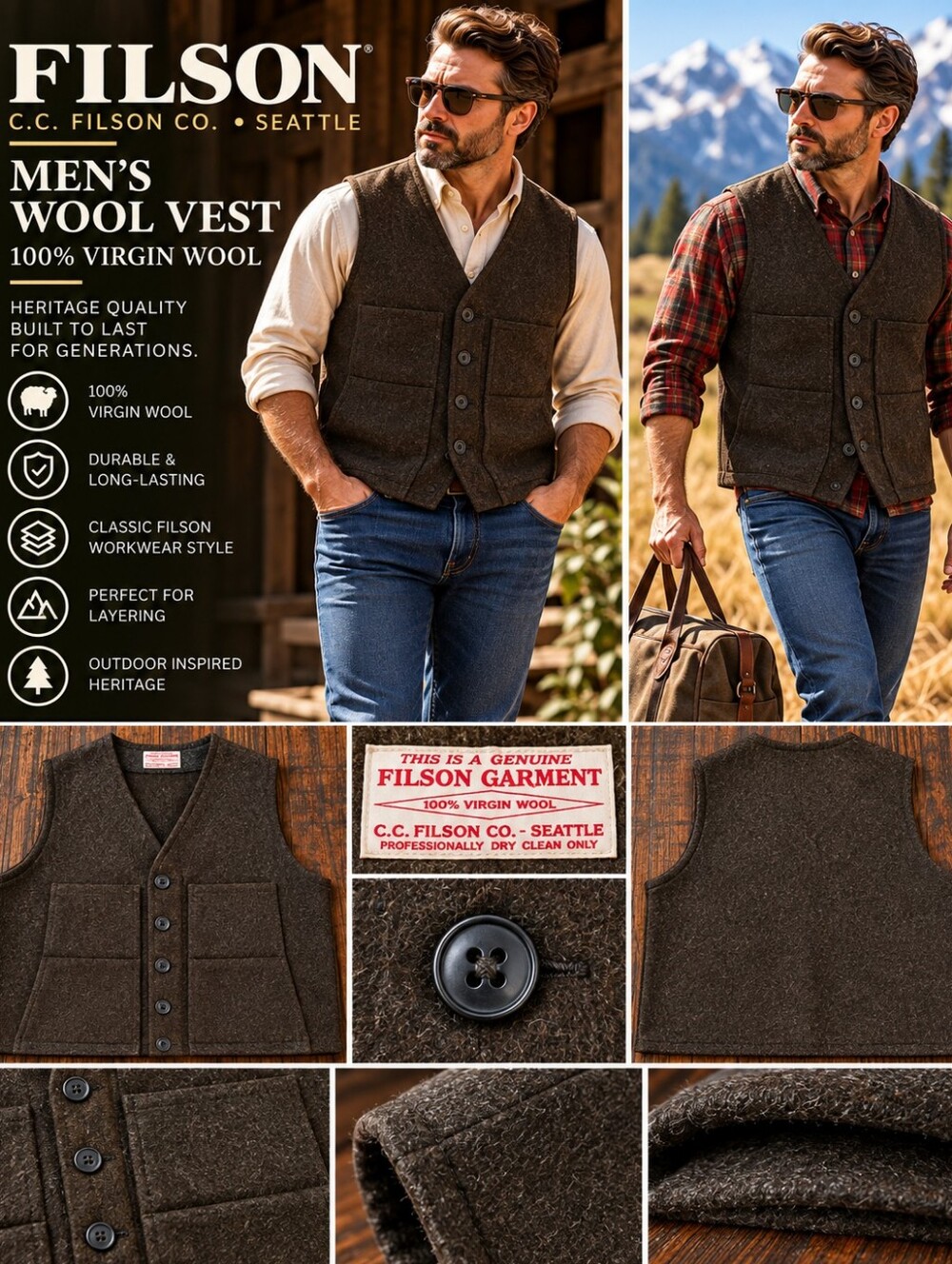 Vintage C.C. Filson Co. Brown Virgin Wool Work Vest Size XL